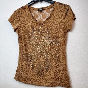 Vintage Y2K Southpole◇Women's T-Shirt Gold Graphic Cross Rhinestones◇Size XXL